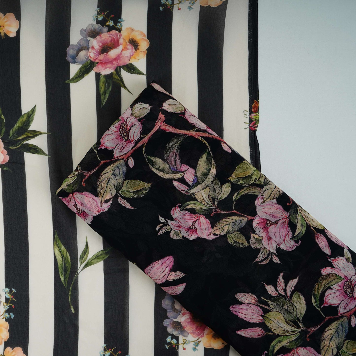 Black & Off White Stripes floral print Pure Georgette Fabric MTFG-31050