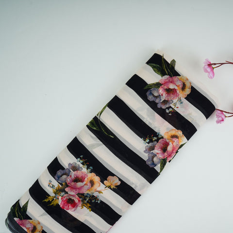 Black & Off White Stripes floral print Pure Georgette Fabric MTFG-31050