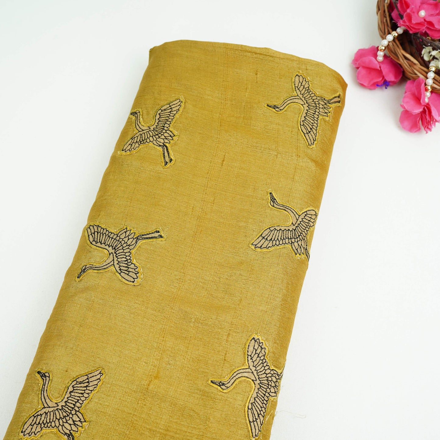 Golden Parsi Embroidery Pure Tusser Silk Fabric CW-32563