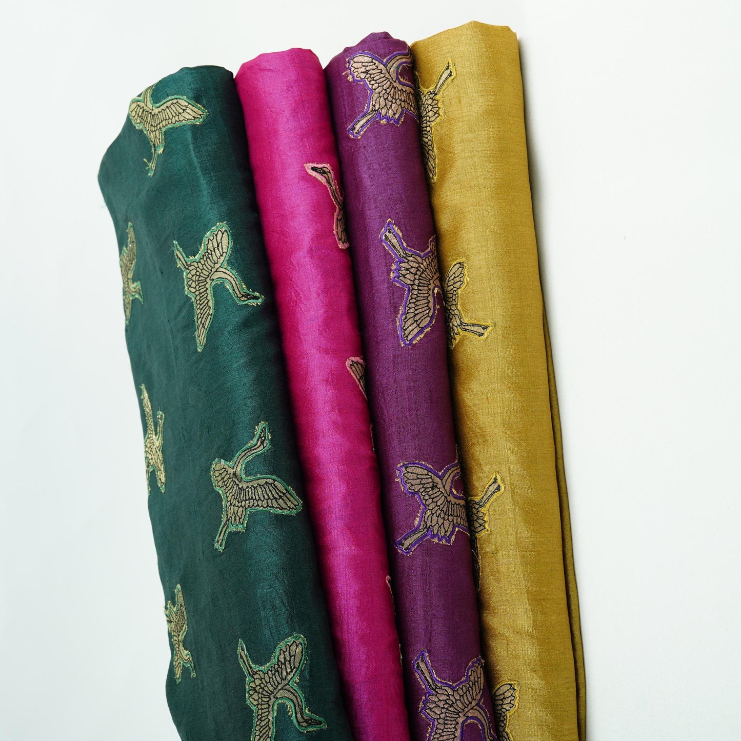 Dark Green Parsi Embroidery Pure Tusser Silk Fabric CW-32562