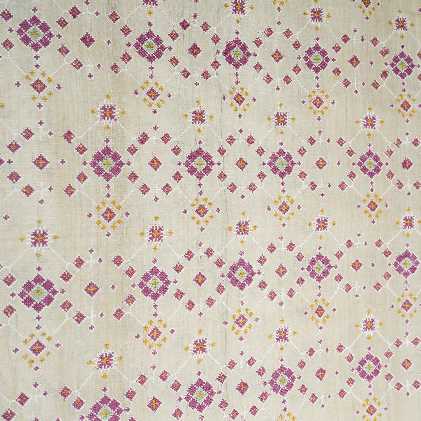 Beige Geometrical Embroidery Pure Tusser Silk Fabric CW-32573