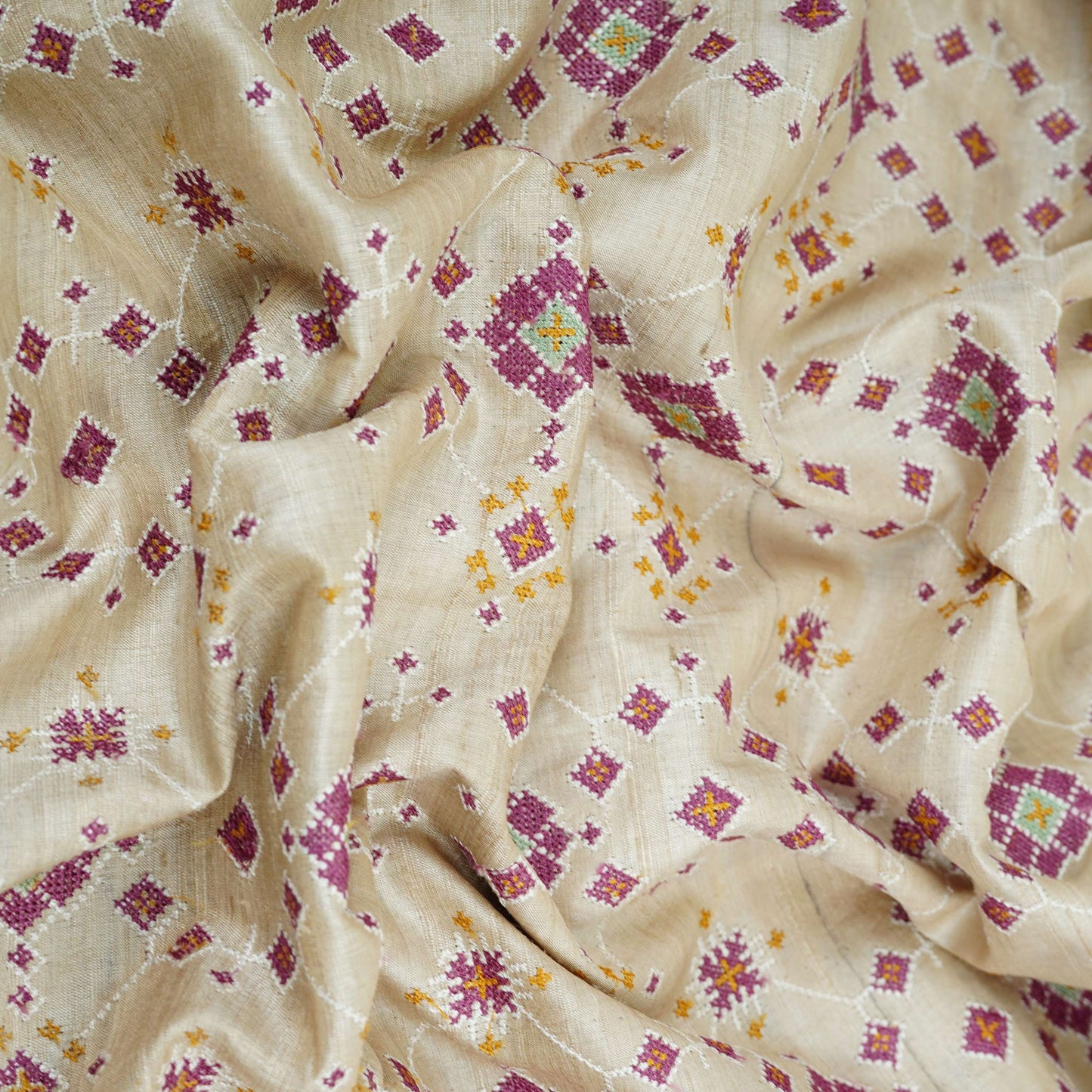 Beige Geometrical Embroidery Pure Tusser Silk Fabric CW-32573