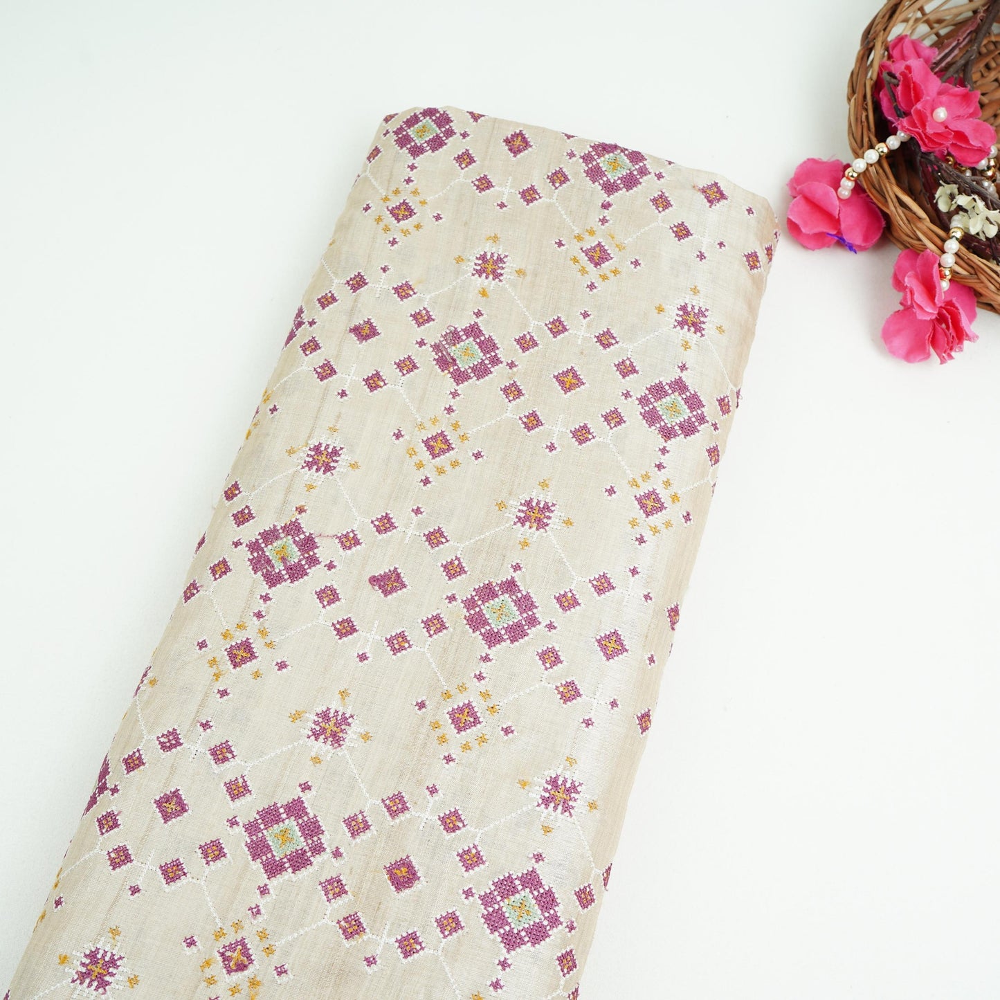 Beige Geometrical Embroidery Pure Tusser Silk Fabric CW-32573