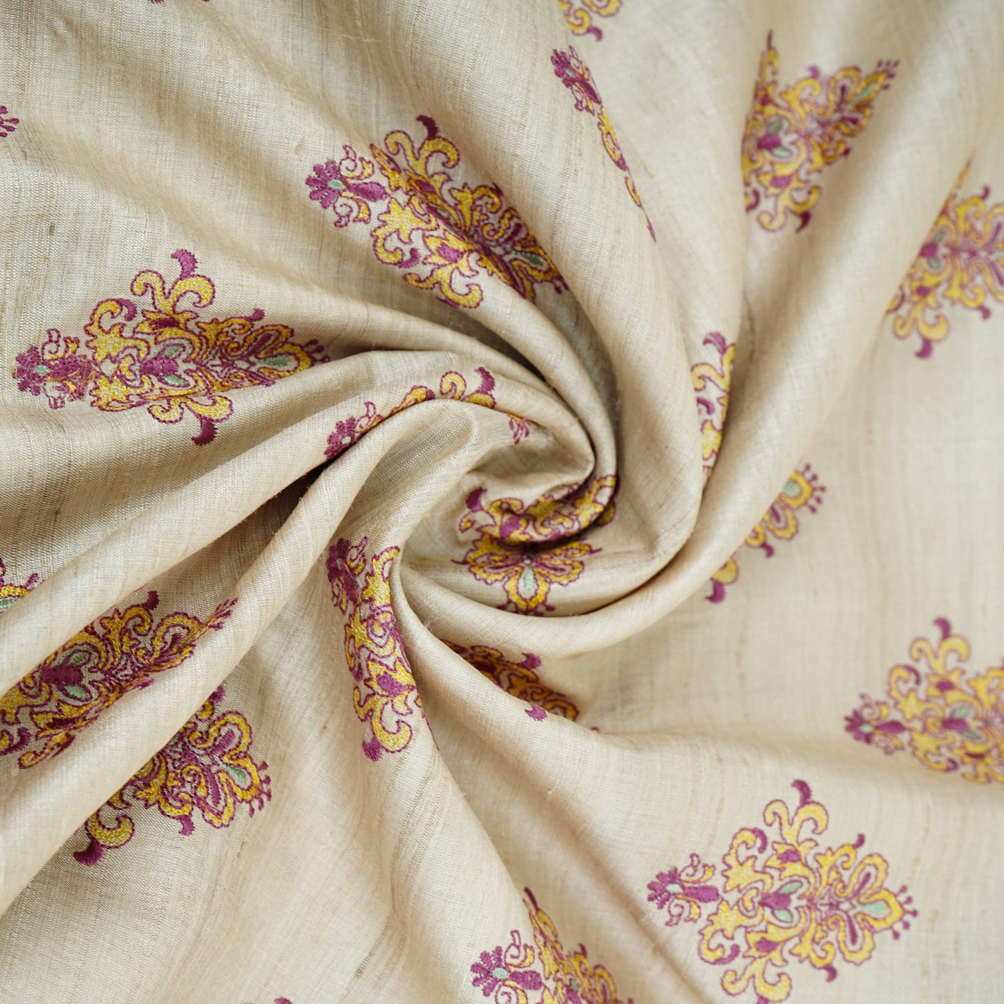 Natural Beige Floral Jaal Pure Tusser Silk Fabric CW-32572