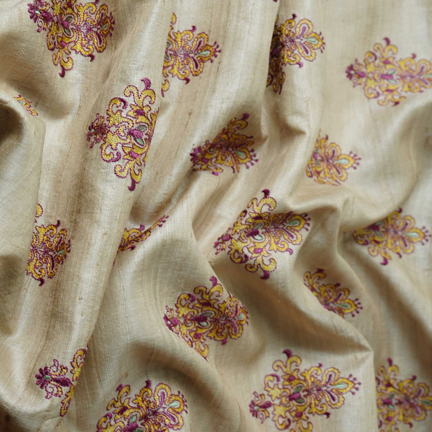 Natural Beige Floral Jaal Pure Tusser Silk Fabric CW-32572