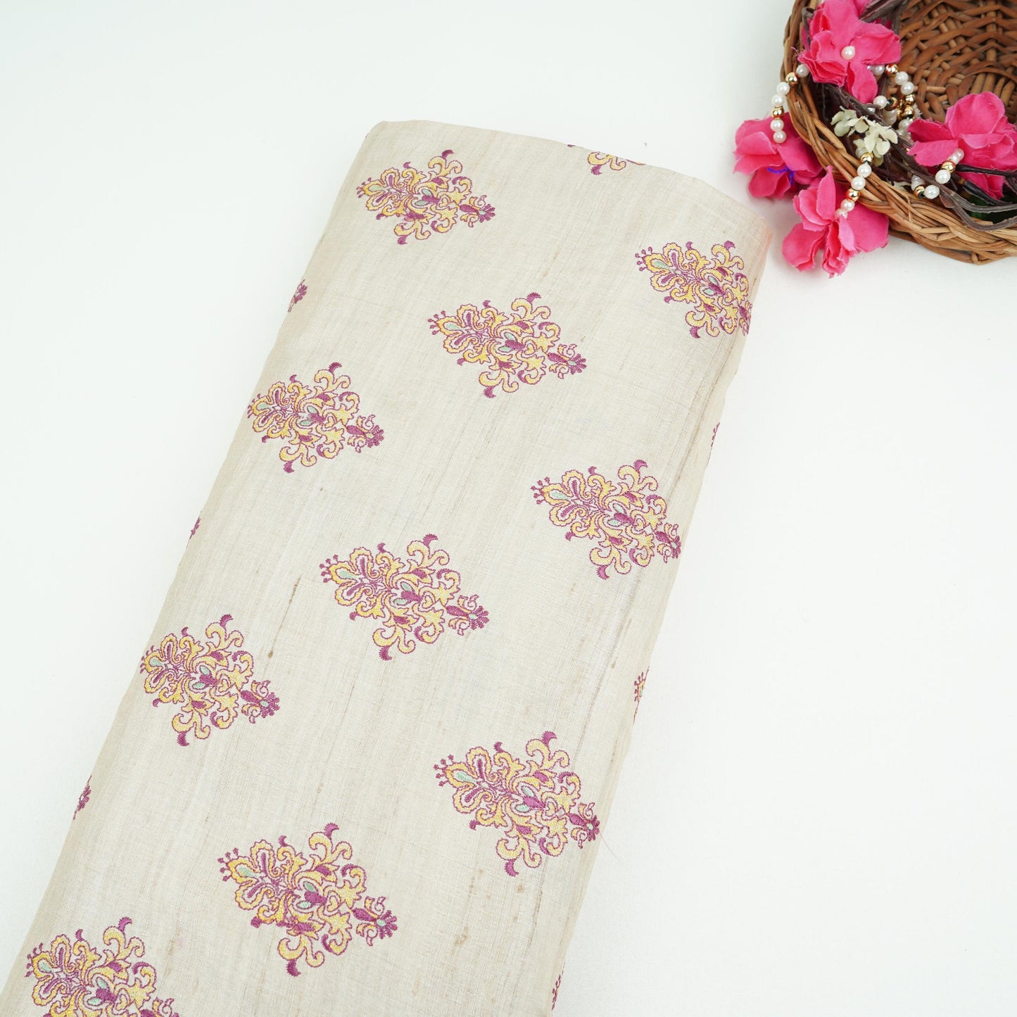Natural Beige Floral Jaal Pure Tusser Silk Fabric CW-32572