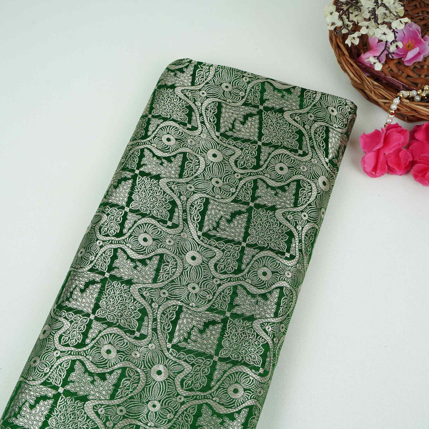 Bottle Green Jaal Raw Mango Silk Fabric CW-32495