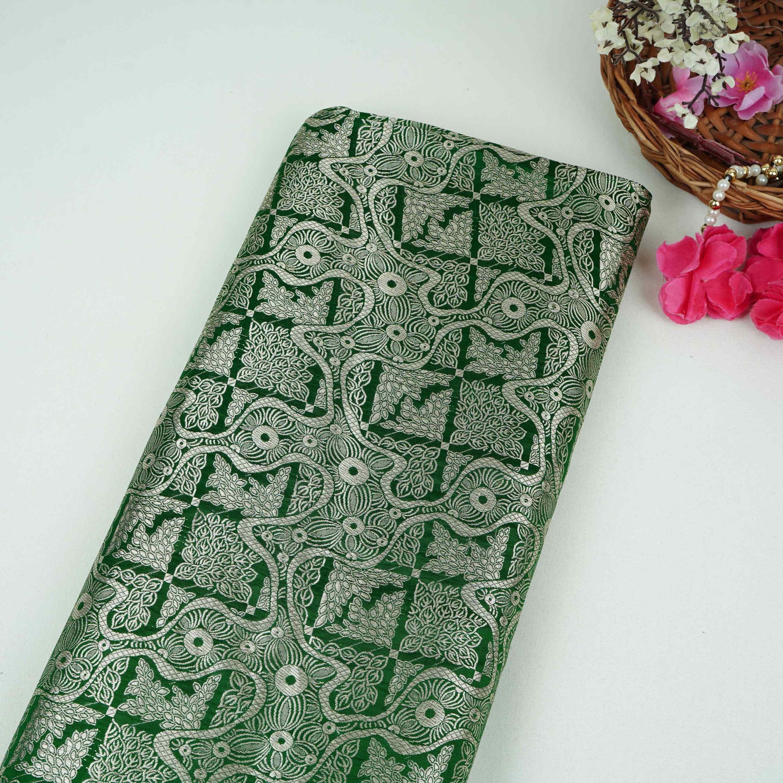 Bottle Green Jaal Raw Mango Silk Fabric CW-32495