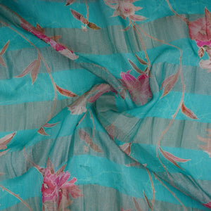 Teal Blue With Golden Stripes Floral Print Organza Tissue Fabric VF-30633 - TradeUNO