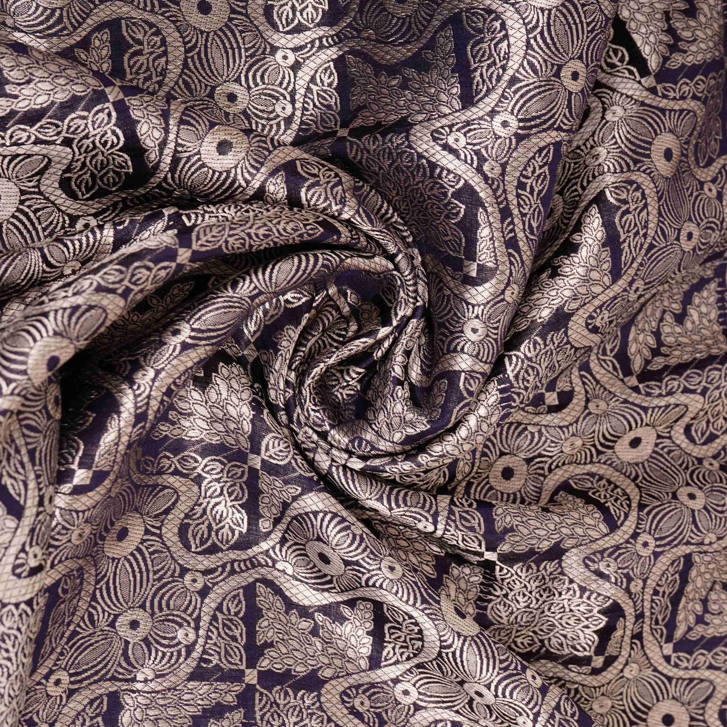 Navy Blue Jaal Raw Mango Silk Fabric CW-32499