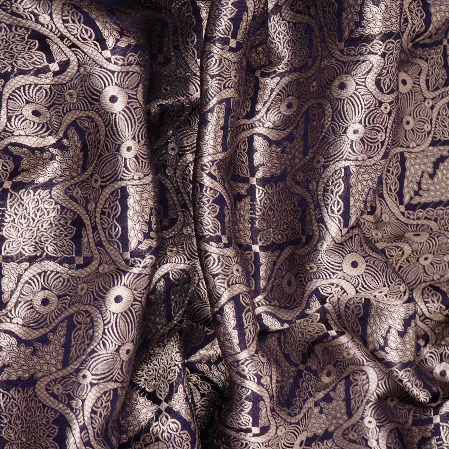 Navy Blue Jaal Raw Mango Silk Fabric CW-32499