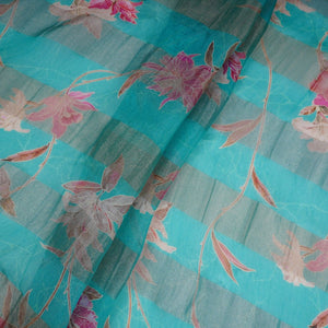 Teal Blue With Golden Stripes Floral Print Organza Tissue Fabric VF-30633 - TradeUNO
