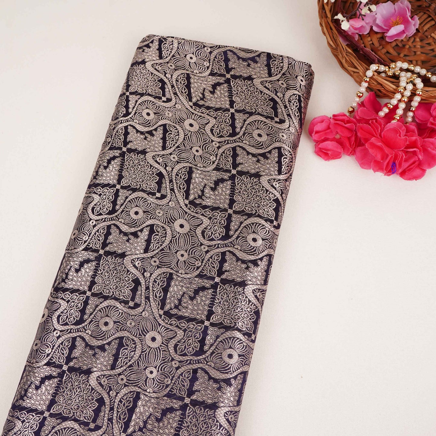 Navy Blue Jaal Raw Mango Silk Fabric CW-32499