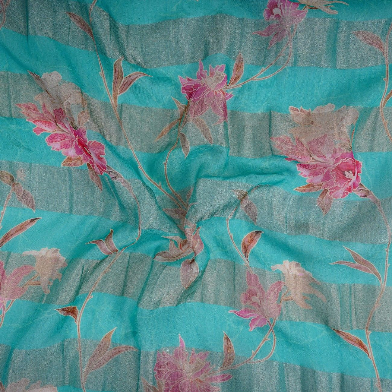 Teal Blue With Golden Stripes Floral Print Organza Tissue Fabric VF-30633 - TradeUNO