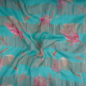 Teal Blue With Golden Stripes Floral Print Organza Tissue Fabric VF-30633 - TradeUNO