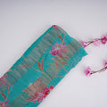 Teal Blue With Golden Stripes Floral Print Organza Tissue Fabric VF-30633