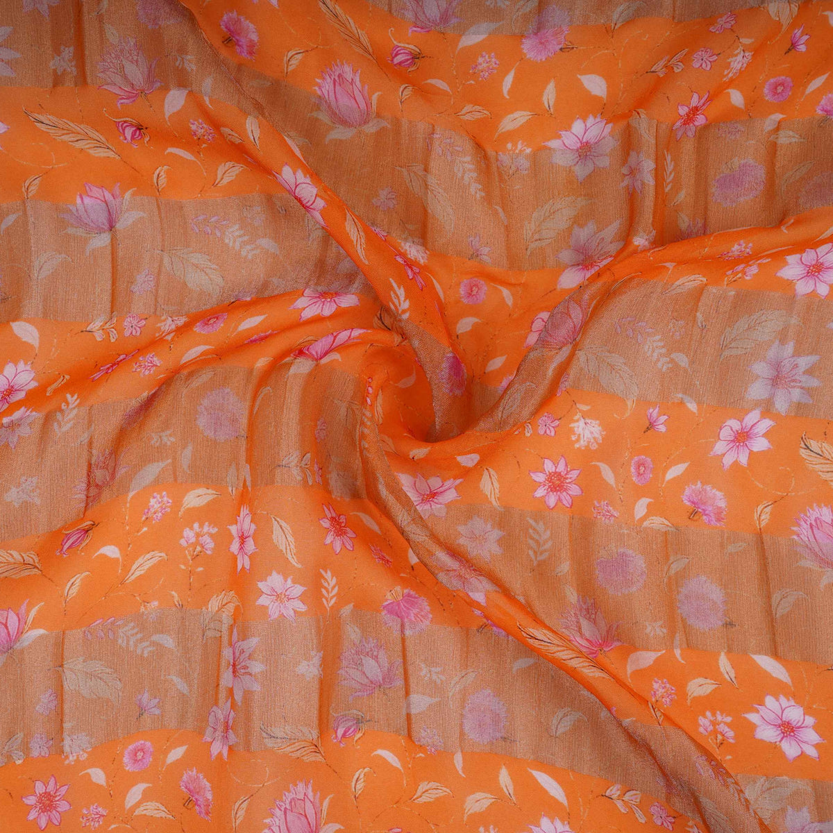 Orange With Golden Stripes Floral Print Organza Tissue Fabric VF-30631 - TradeUNO