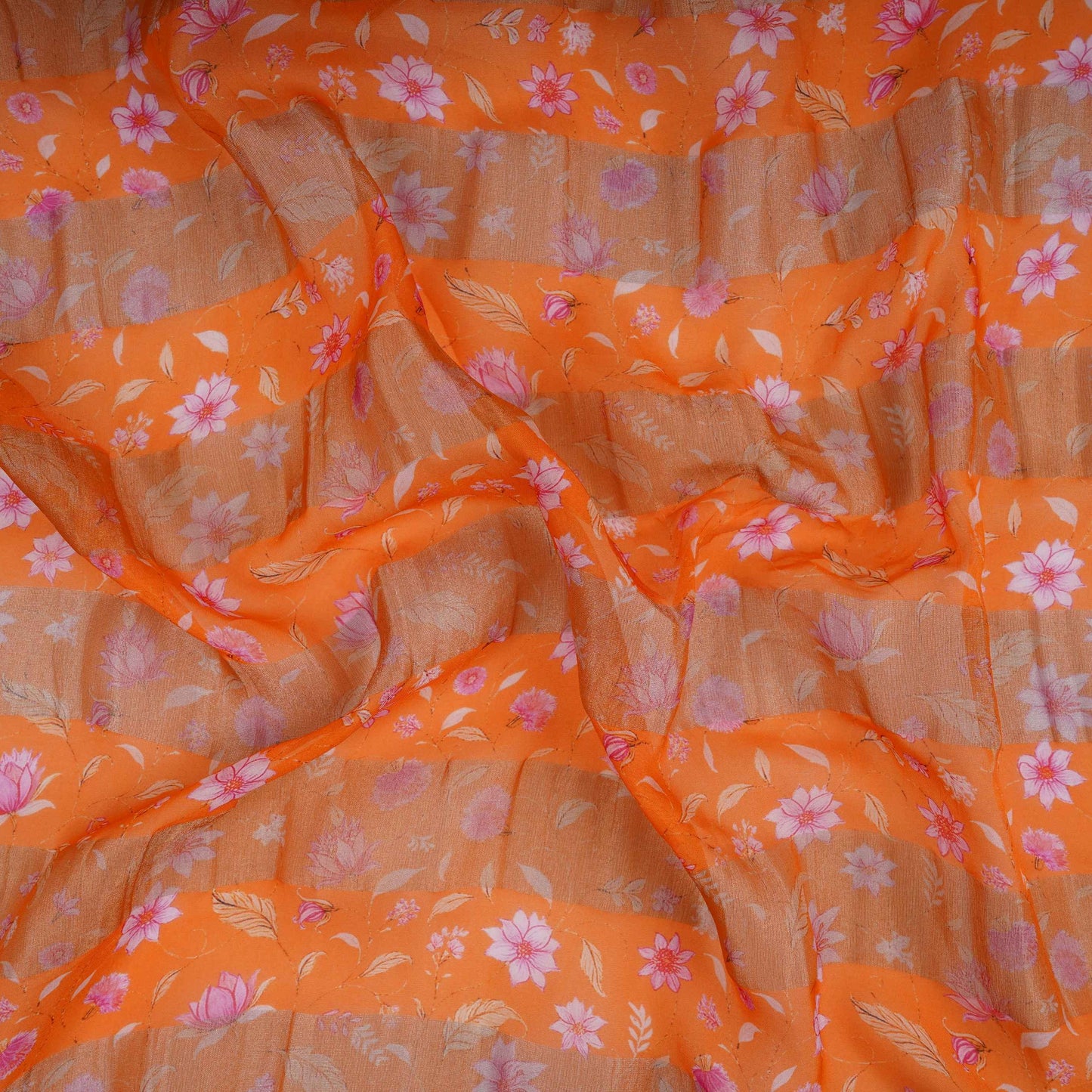 Orange With Golden Stripes Floral Print Organza Tissue Fabric VF-30631