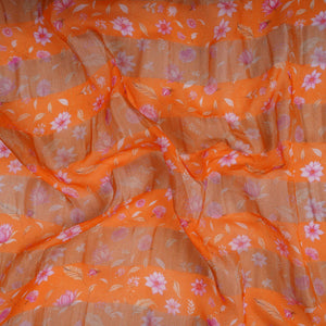 Orange With Golden Stripes Floral Print Organza Tissue Fabric VF-30631 - TradeUNO