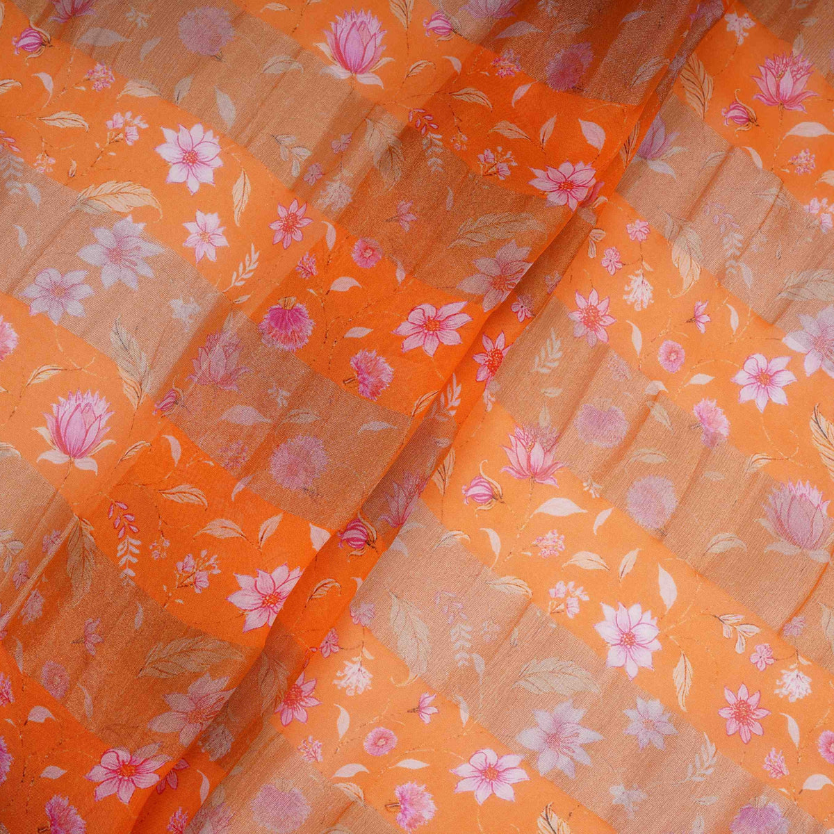 Orange With Golden Stripes Floral Print Organza Tissue Fabric VF-30631 - TradeUNO