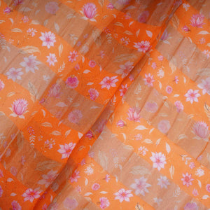 Orange With Golden Stripes Floral Print Organza Tissue Fabric VF-30631 - TradeUNO
