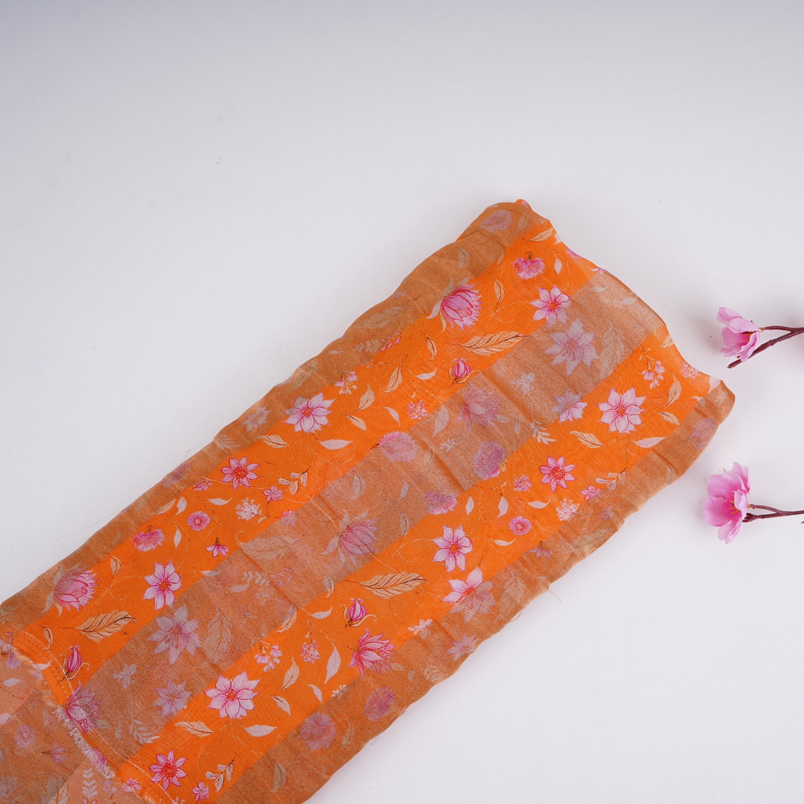 Orange With Golden Stripes Floral Print Organza Tissue Fabric VF-30631 - TradeUNO