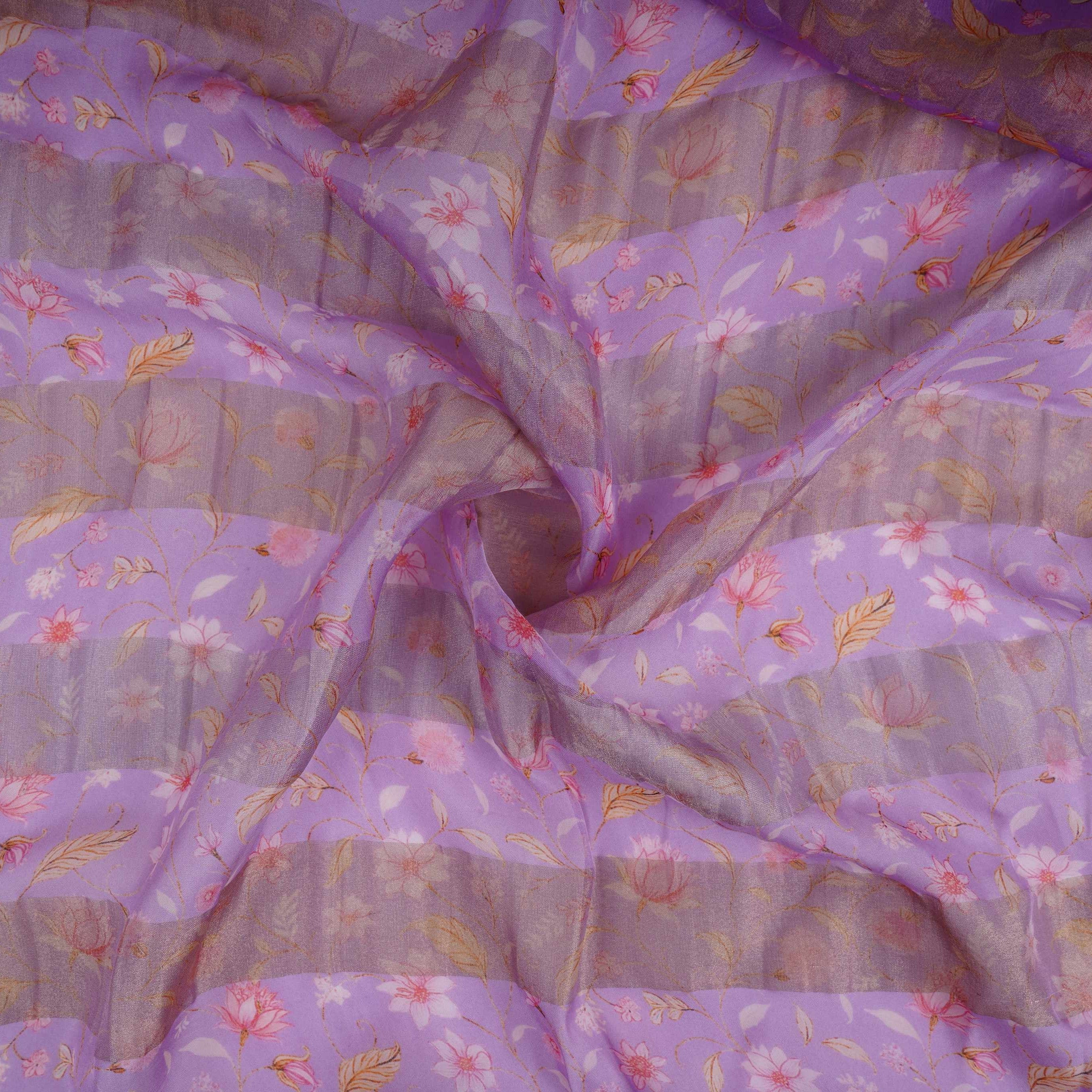 Purple With Golden Stripes Floral Print Organza Tissue Fabric VF-30636 - TradeUNO