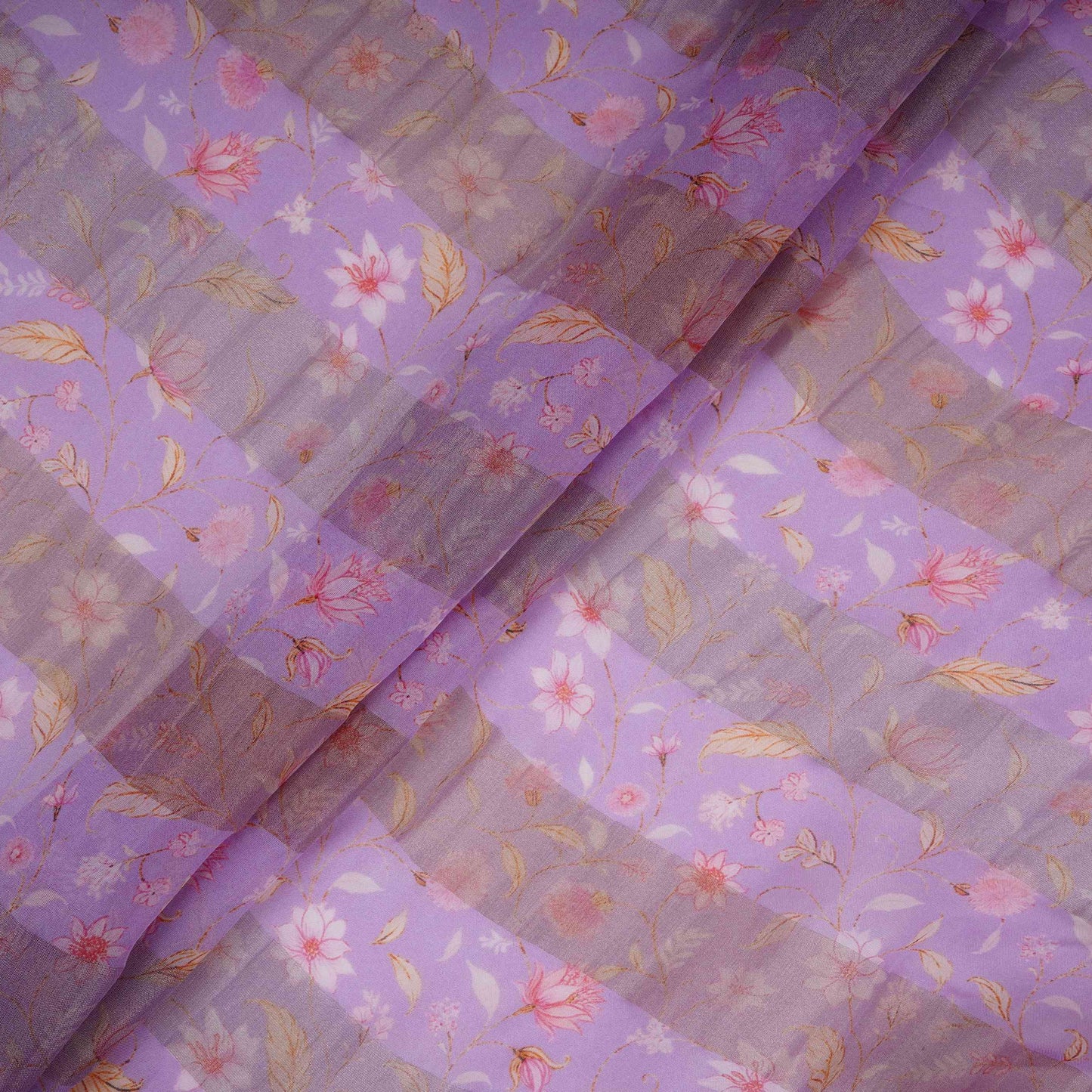 Purple With Golden Stripes Floral Print Organza Tissue Fabric VF-30636