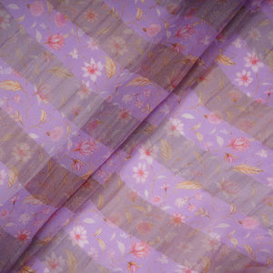 Purple With Golden Stripes Floral Print Organza Tissue Fabric VF-30636 - TradeUNO