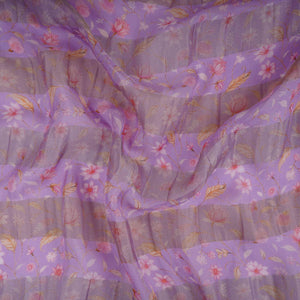 Purple With Golden Stripes Floral Print Organza Tissue Fabric VF-30636 - TradeUNO