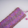 Purple With Golden Stripes Floral Print Organza Tissue Fabric VF-30636
