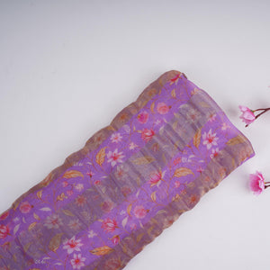 Purple With Golden Stripes Floral Print Organza Tissue Fabric VF-30636 - TradeUNO
