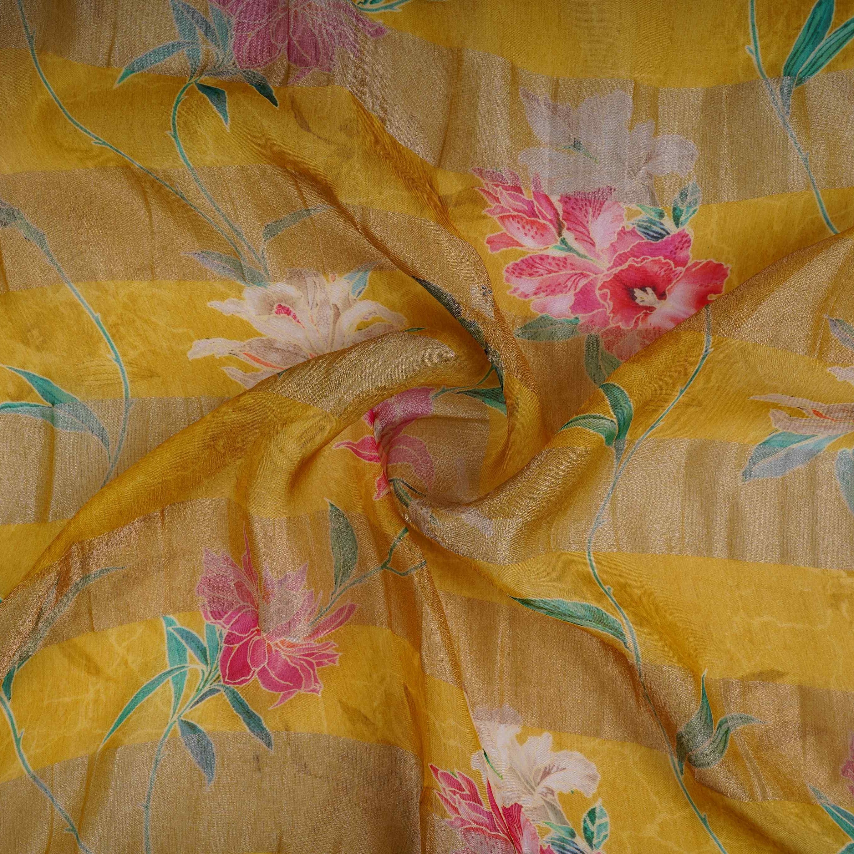 Olive Green With Golden Stripes Floral Print Organza Tissue Fabric VF-30632 - TradeUNO