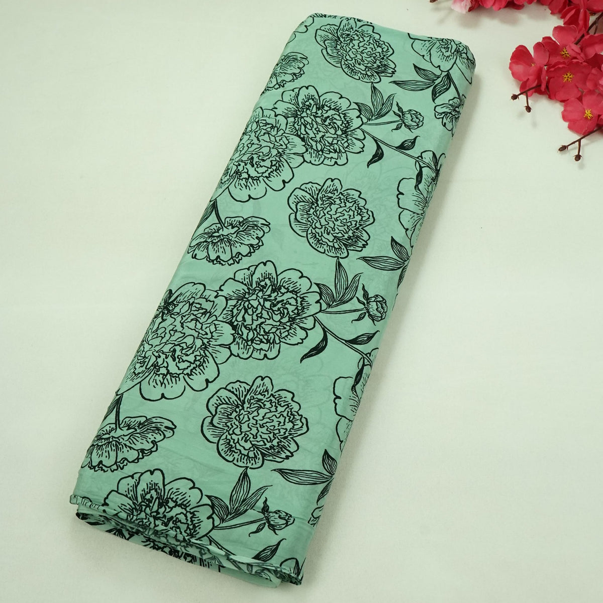 Sea Green Floral Print Natural Crepe Fabric SC-34701
