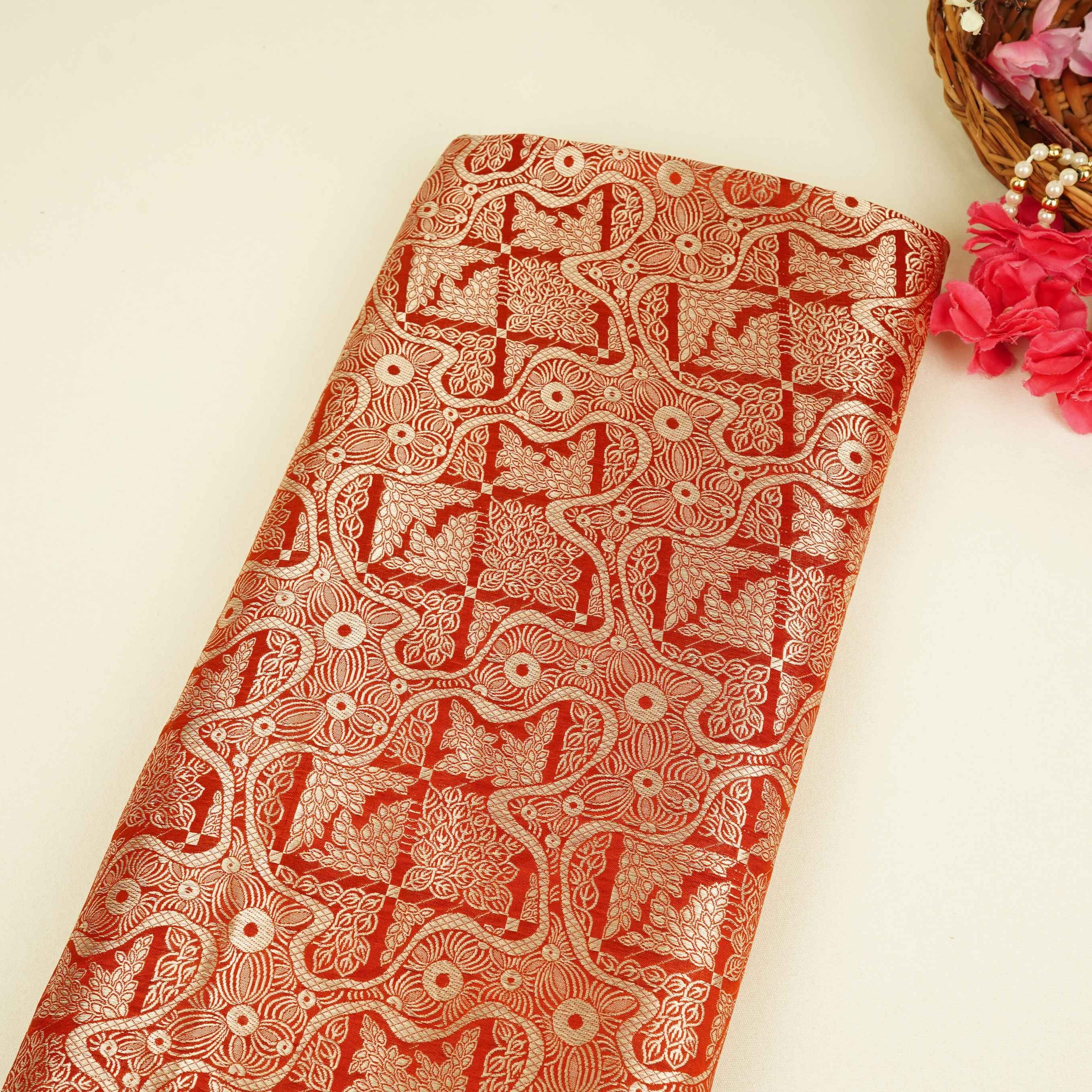 Red Jaal Raw Mango Silk Fabric CW-32497