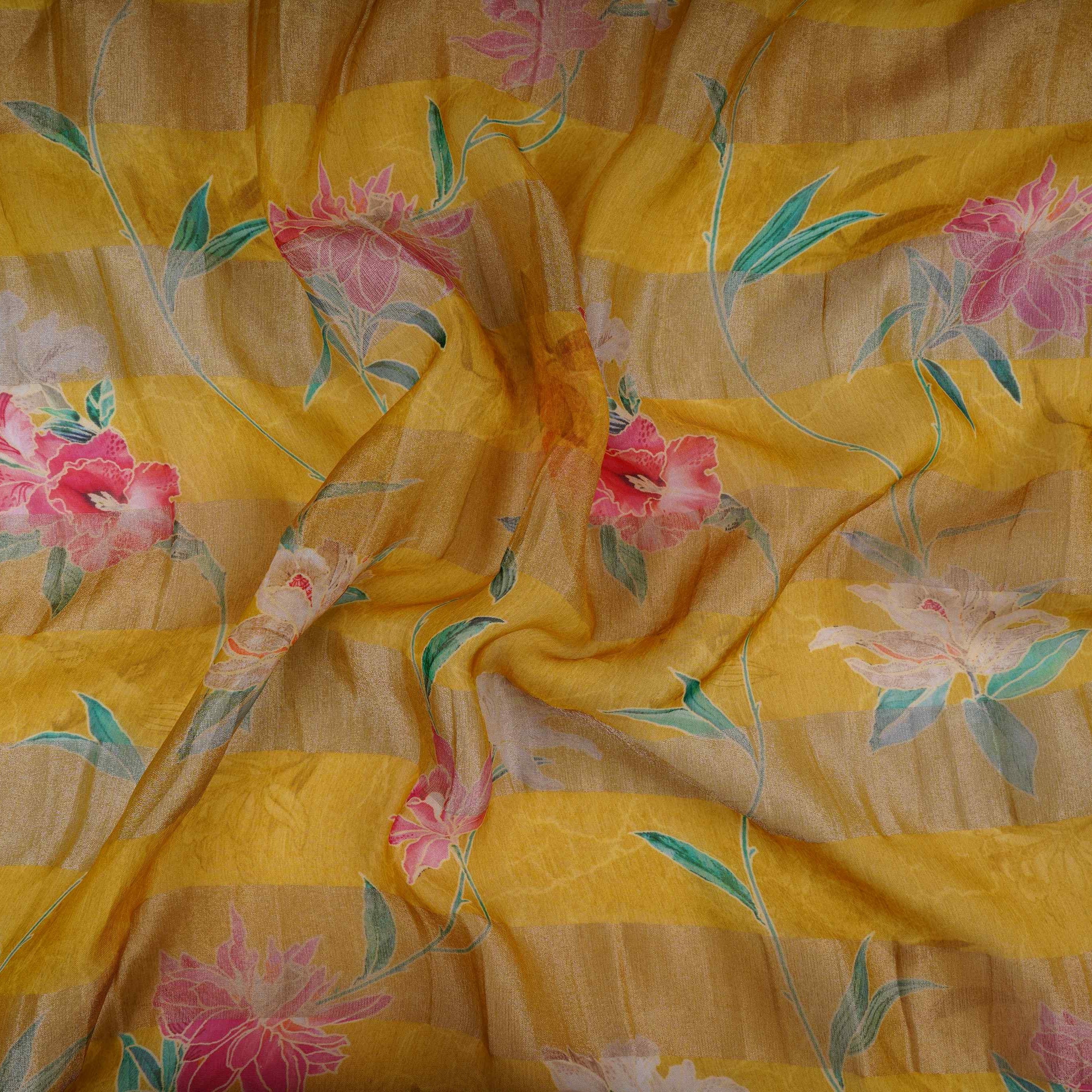 Olive Green With Golden Stripes Floral Print Organza Tissue Fabric VF-30632 - TradeUNO