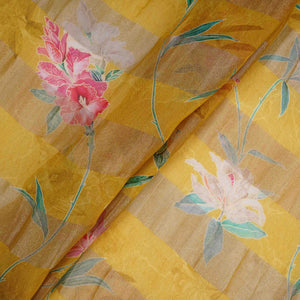 Olive Green With Golden Stripes Floral Print Organza Tissue Fabric VF-30632 - TradeUNO