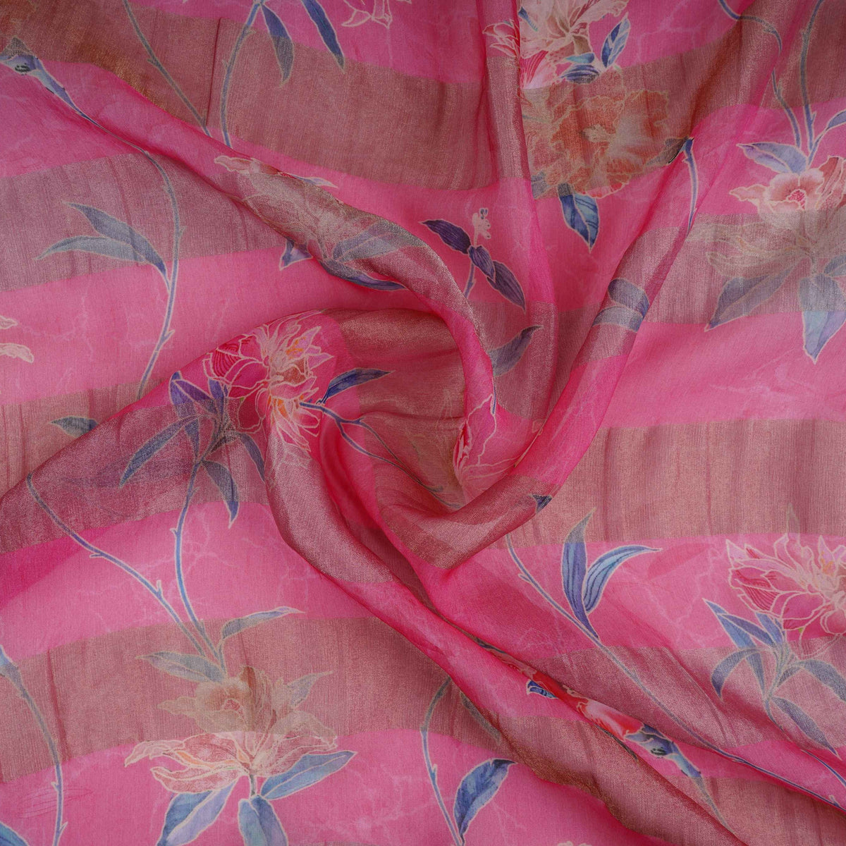 Pink With Golden Stripes Floral Print Organza Tissue Fabric VF-30634 - TradeUNO