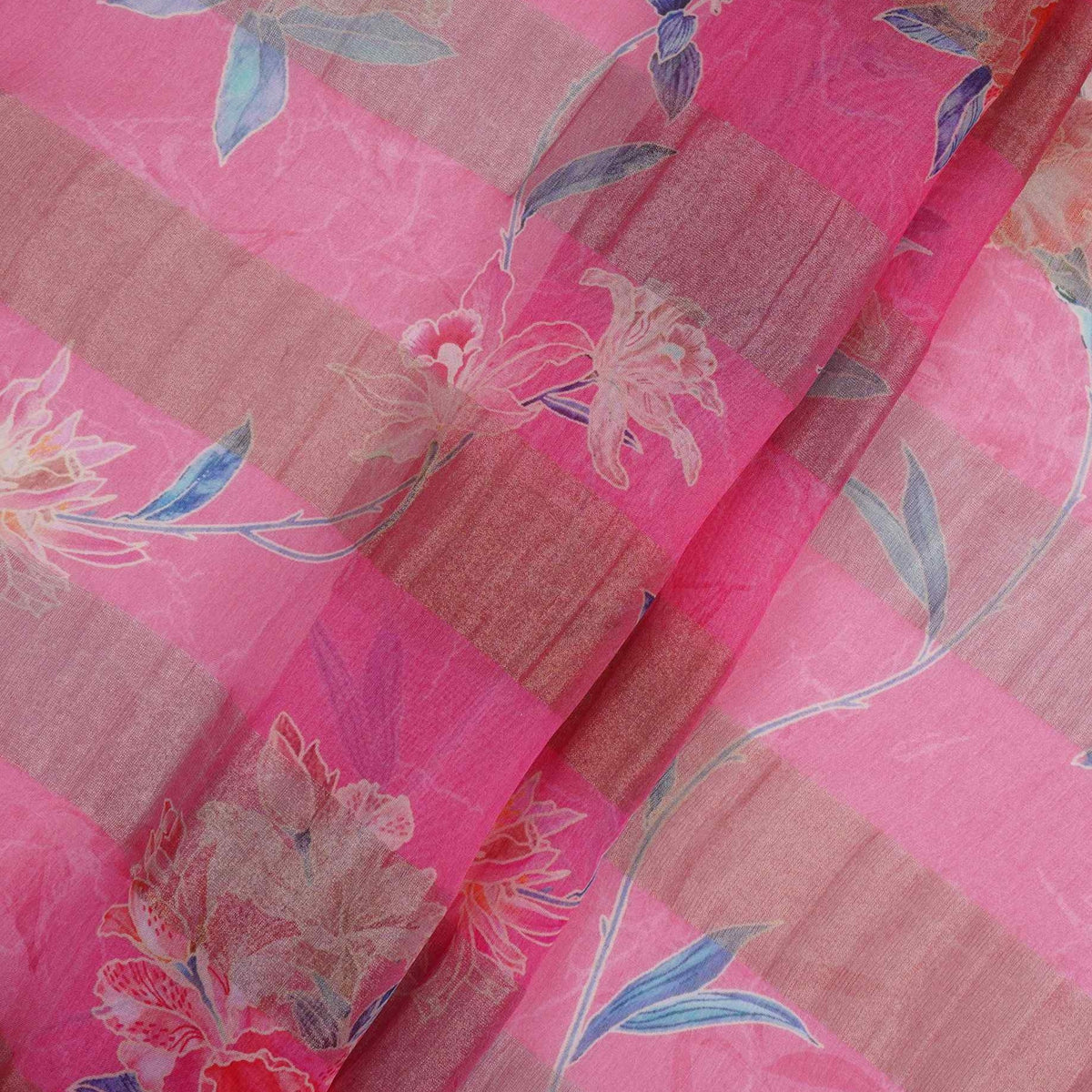 Pink With Golden Stripes Floral Print Organza Tissue Fabric VF-30634 - TradeUNO