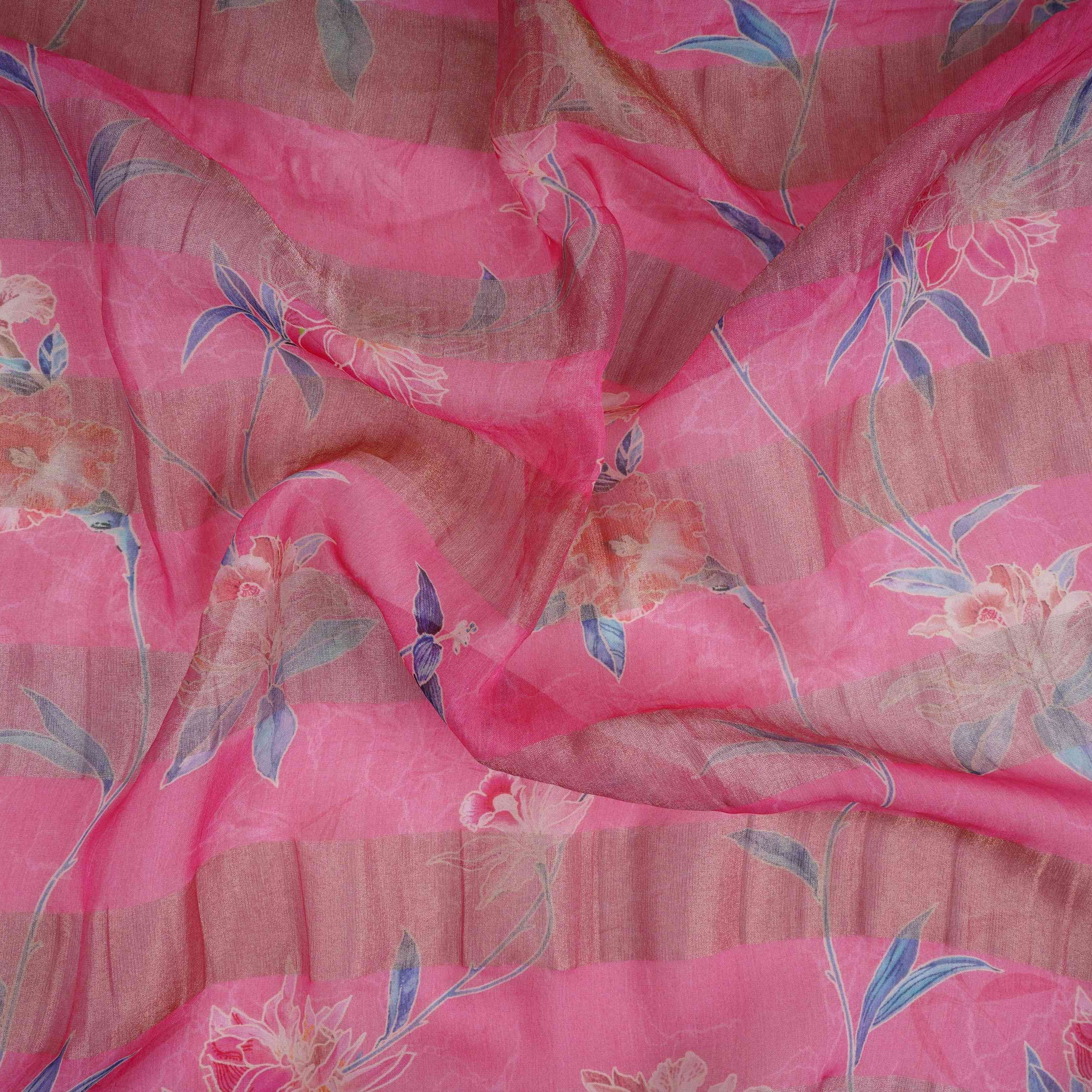 Pink With Golden Stripes Floral Print Organza Tissue Fabric VF-30634 - TradeUNO