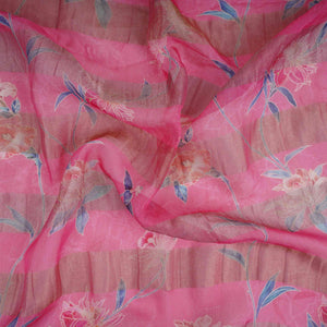 Pink With Golden Stripes Floral Print Organza Tissue Fabric VF-30634 - TradeUNO