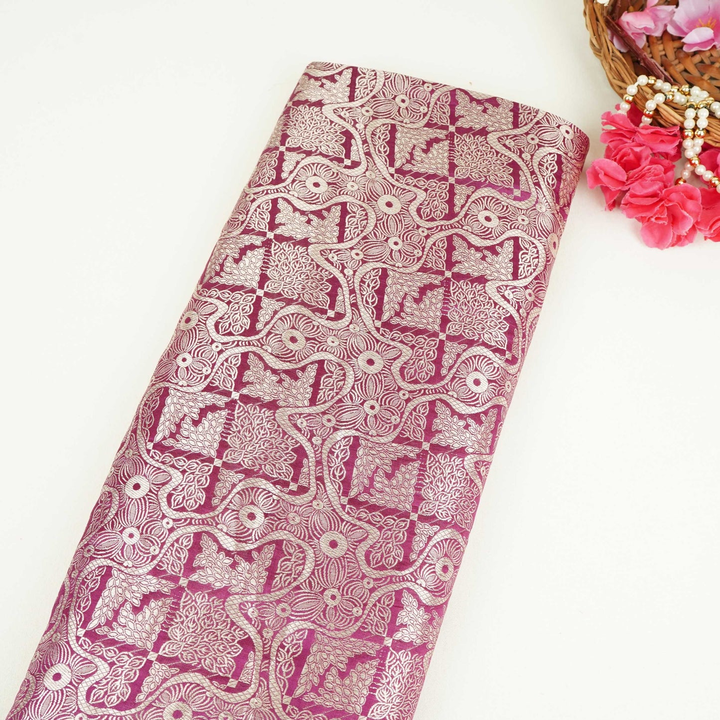 Wine Jaal Raw Mango Silk Fabric CW-32498