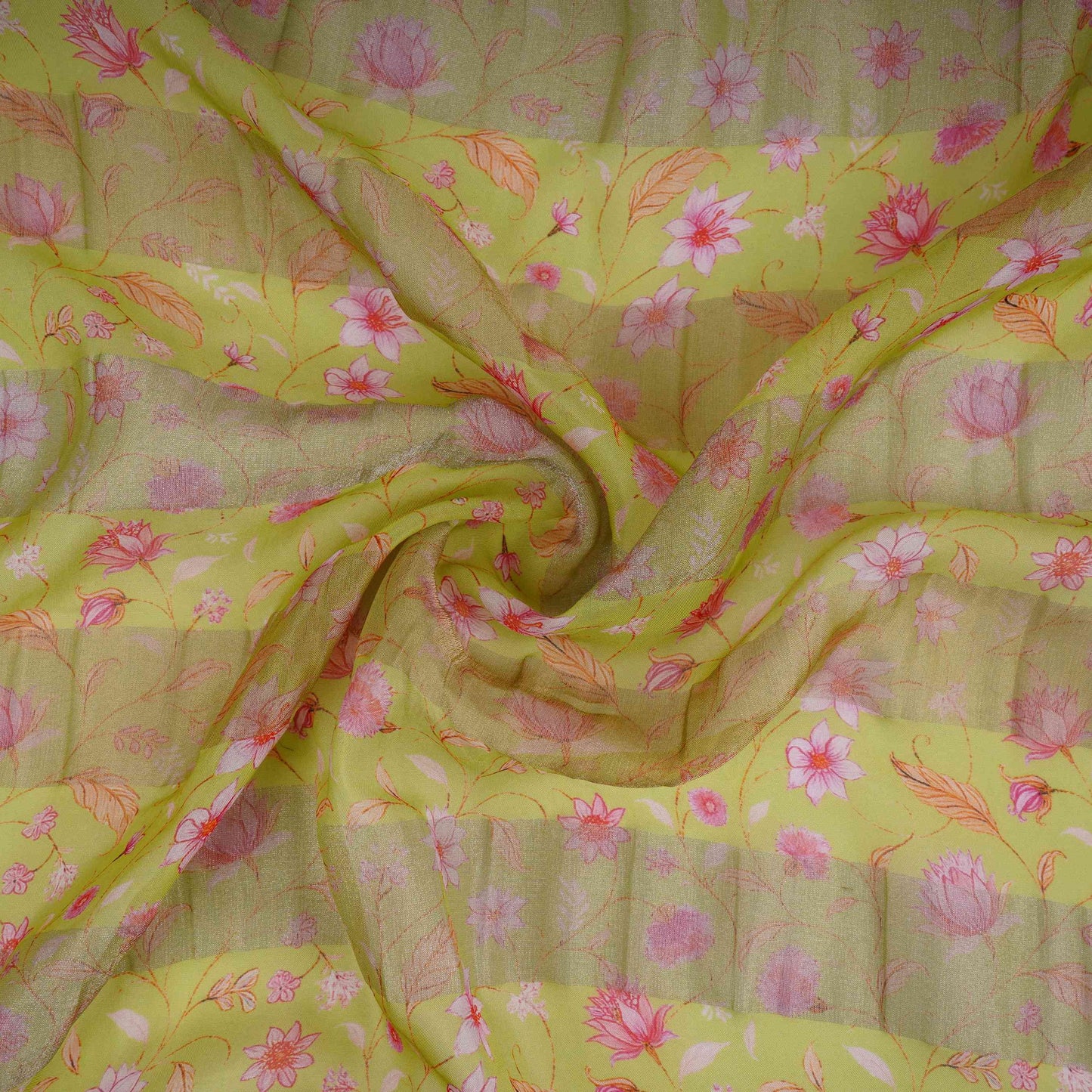 Lime Green With Golden Stripes Floral Print Organza Tissue Fabric VF-30635