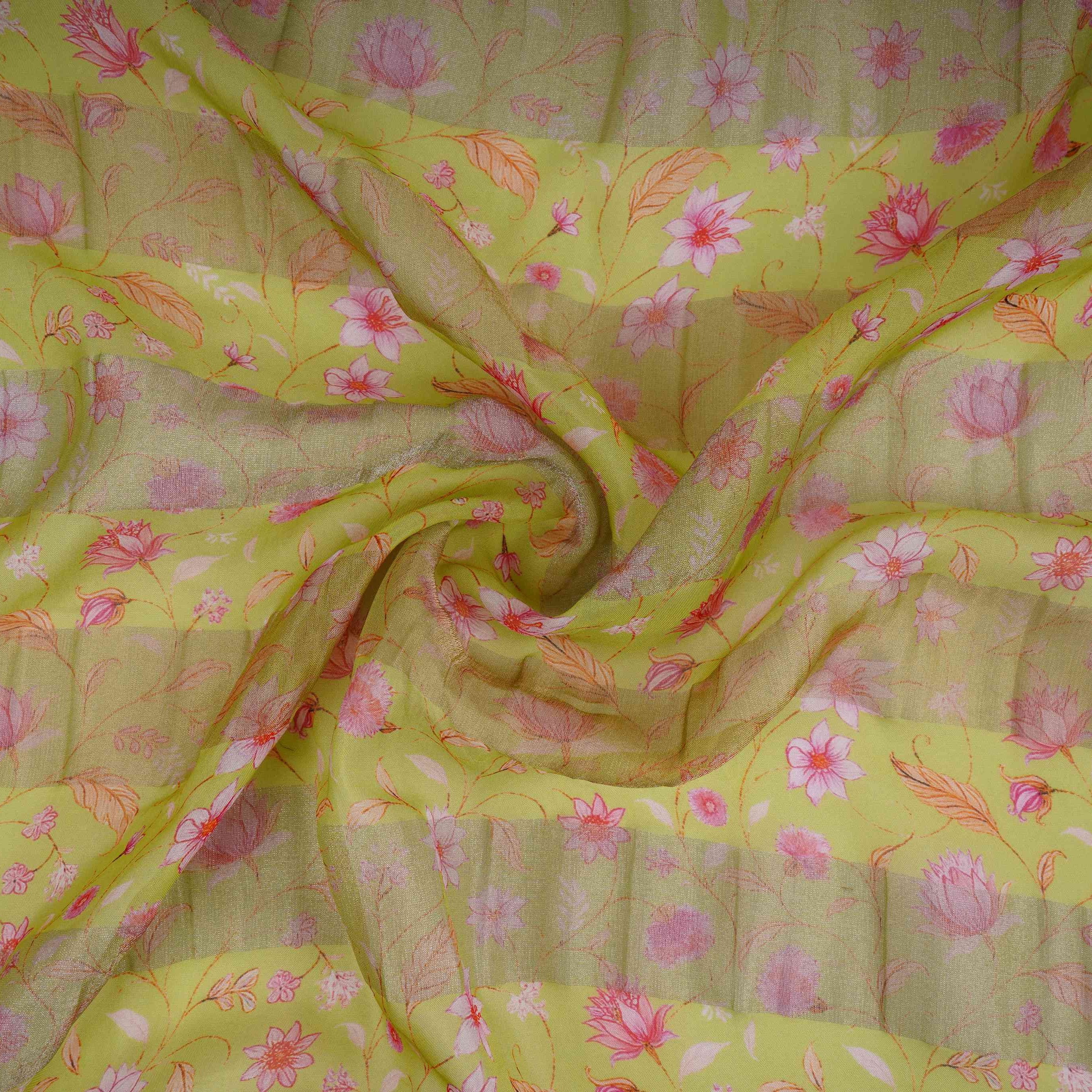 Lime Green With Golden Stripes Floral Print Organza Tissue Fabric VF-30635 - TradeUNO