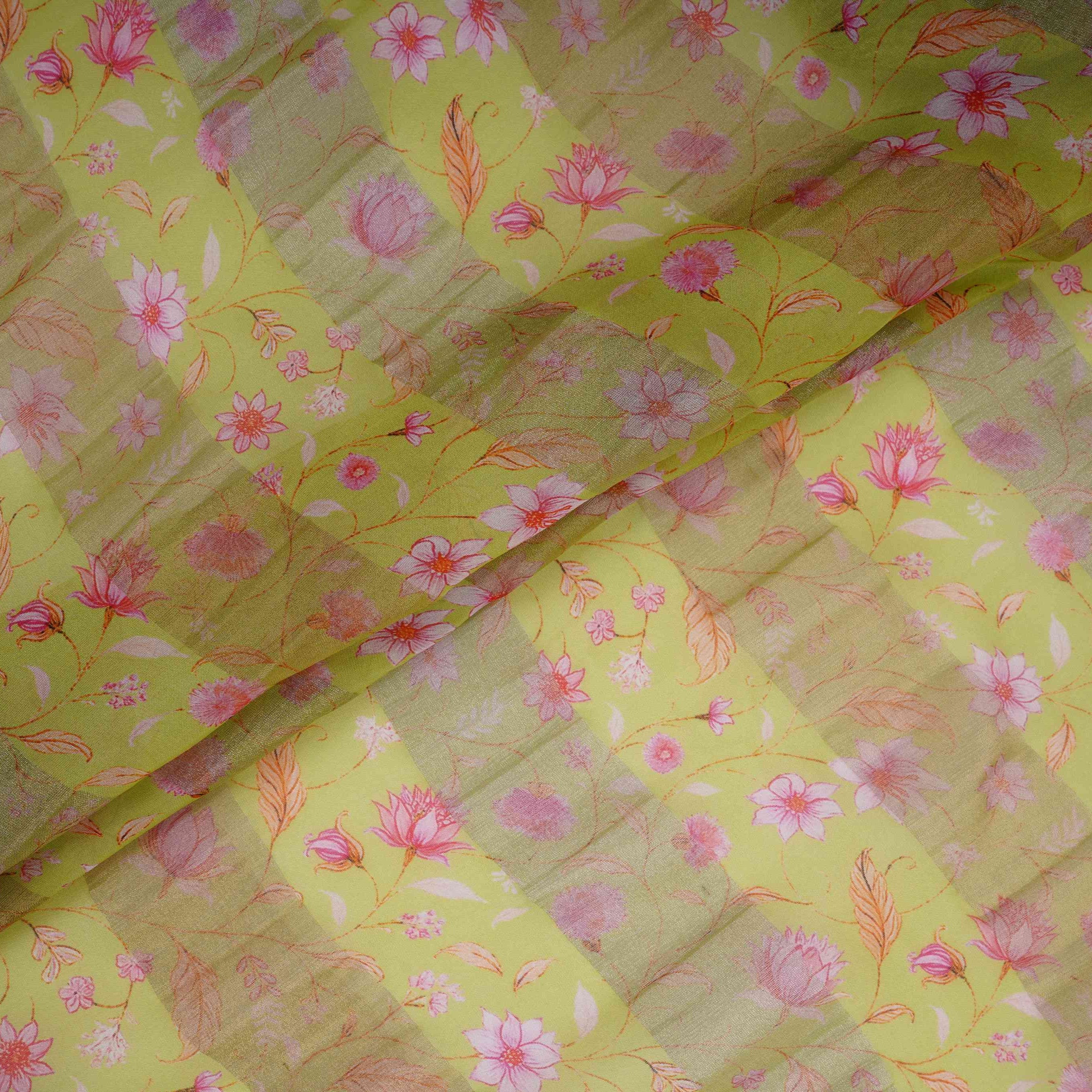Lime Green With Golden Stripes Floral Print Organza Tissue Fabric VF-30635 - TradeUNO