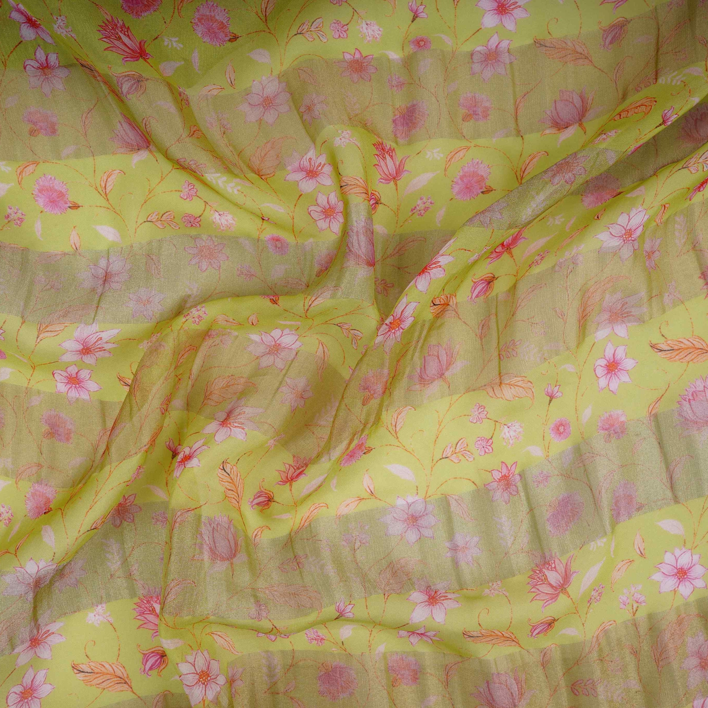 Lime Green With Golden Stripes Floral Print Organza Tissue Fabric VF-30635 - TradeUNO