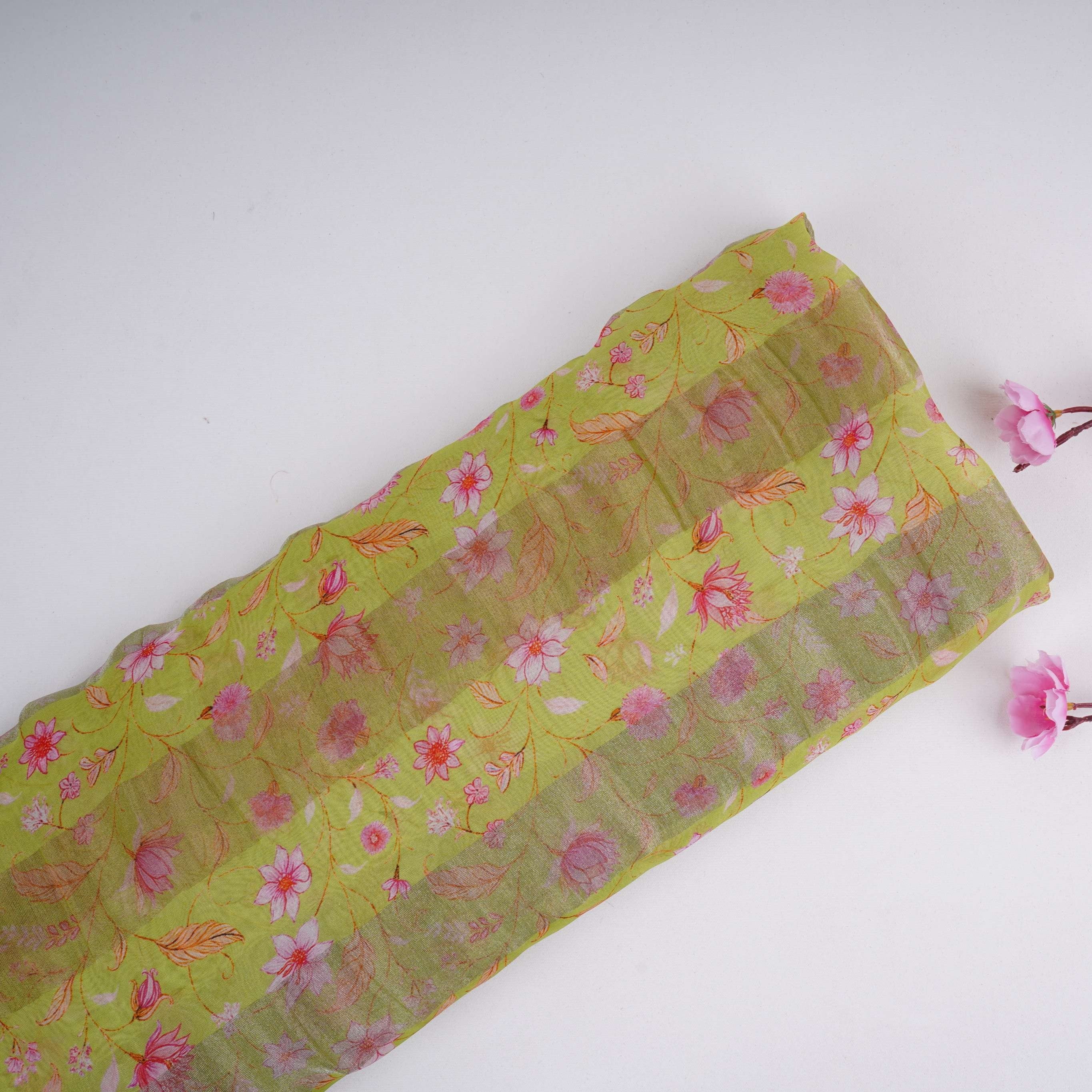 Lime Green With Golden Stripes Floral Print Organza Tissue Fabric VF-30635 - TradeUNO