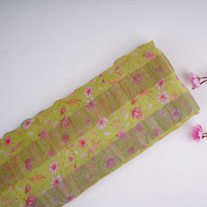 Lime Green With Golden Stripes Floral Print Organza Tissue Fabric VF-30635 - TradeUNO