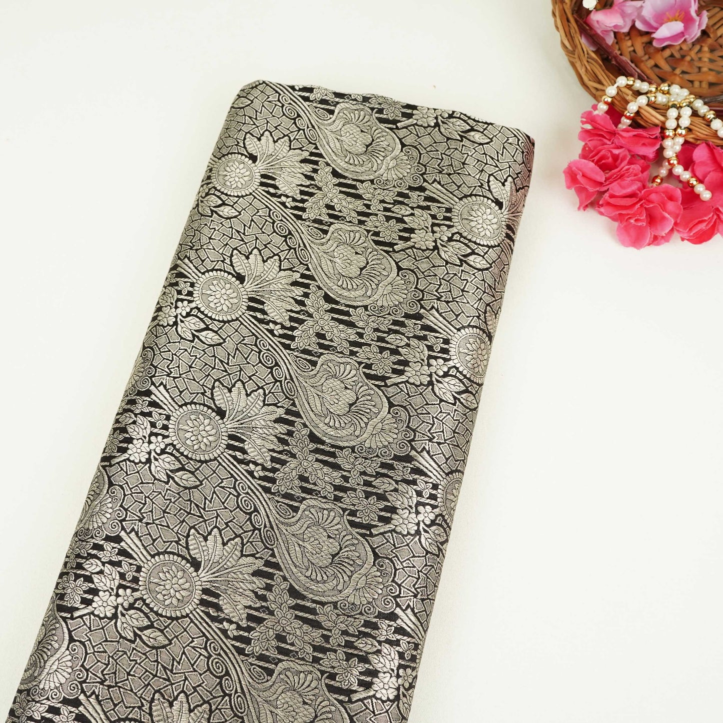 Black Jaal Raw Mango Silk Fabric CW-32501