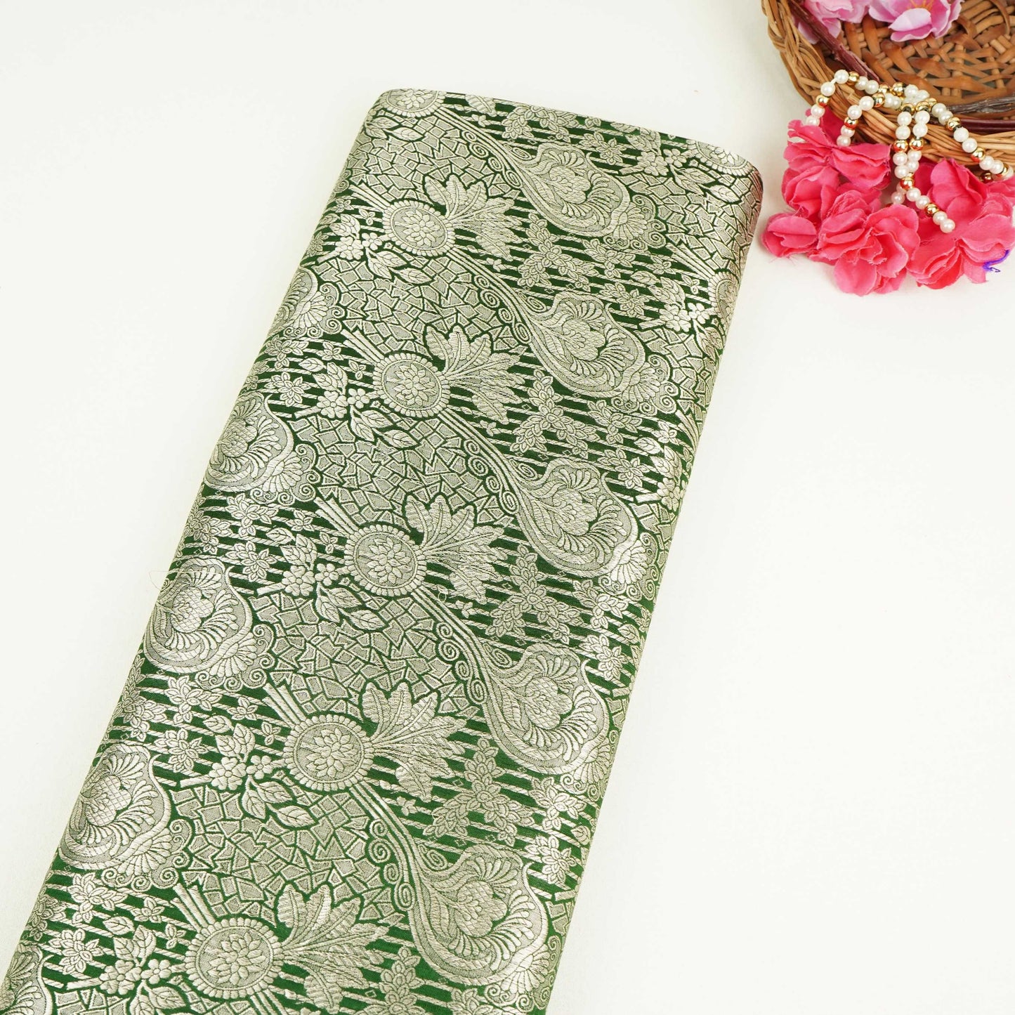 Bottle Green Jaal Raw Mango Silk Fabric CW-32500